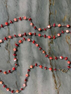 Long Rope Beaded Necklace 60" Pink Coral Cream Marble Bead Boho Wrap Layering